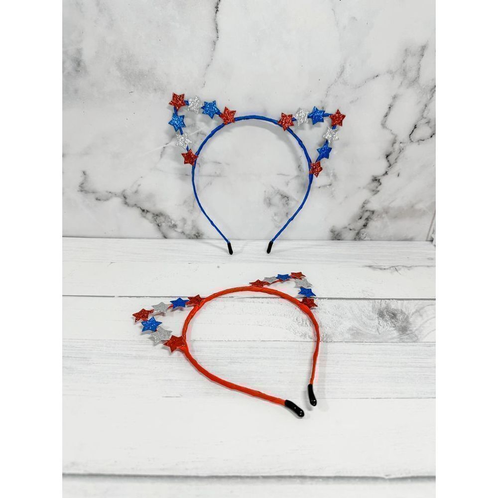 4th of July Patriotic Red & Blue Glitter Stars Cat Ears Headband